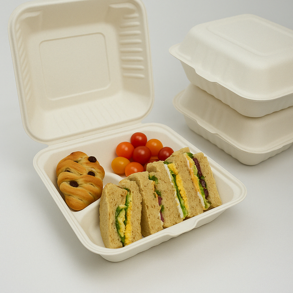 9x9x3" 3-Compartment Sugarcane Clamshell Container