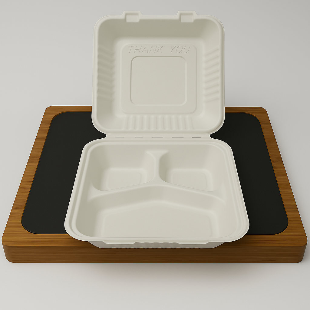 9x9x3" 3-Compartment Sugarcane Clamshell Container