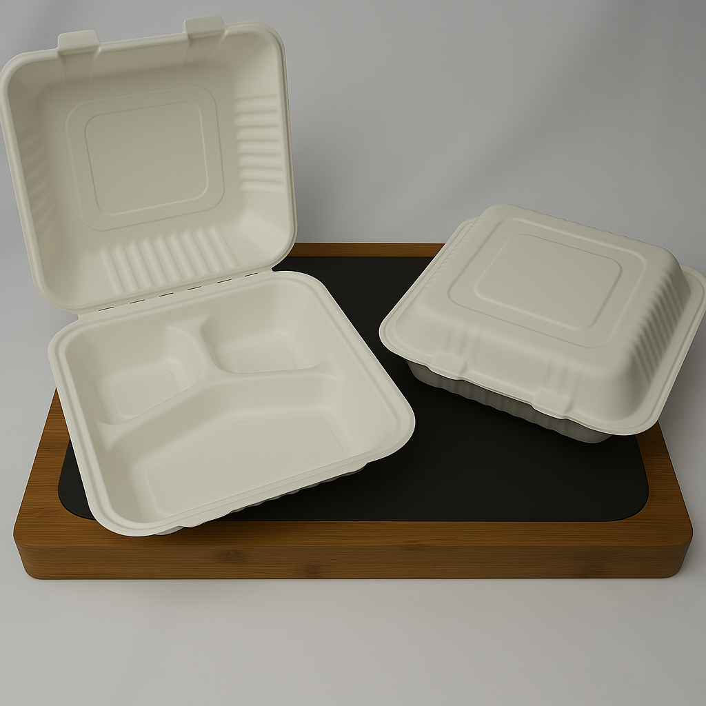 9x9x3" 3-Compartment Sugarcane Clamshell Container